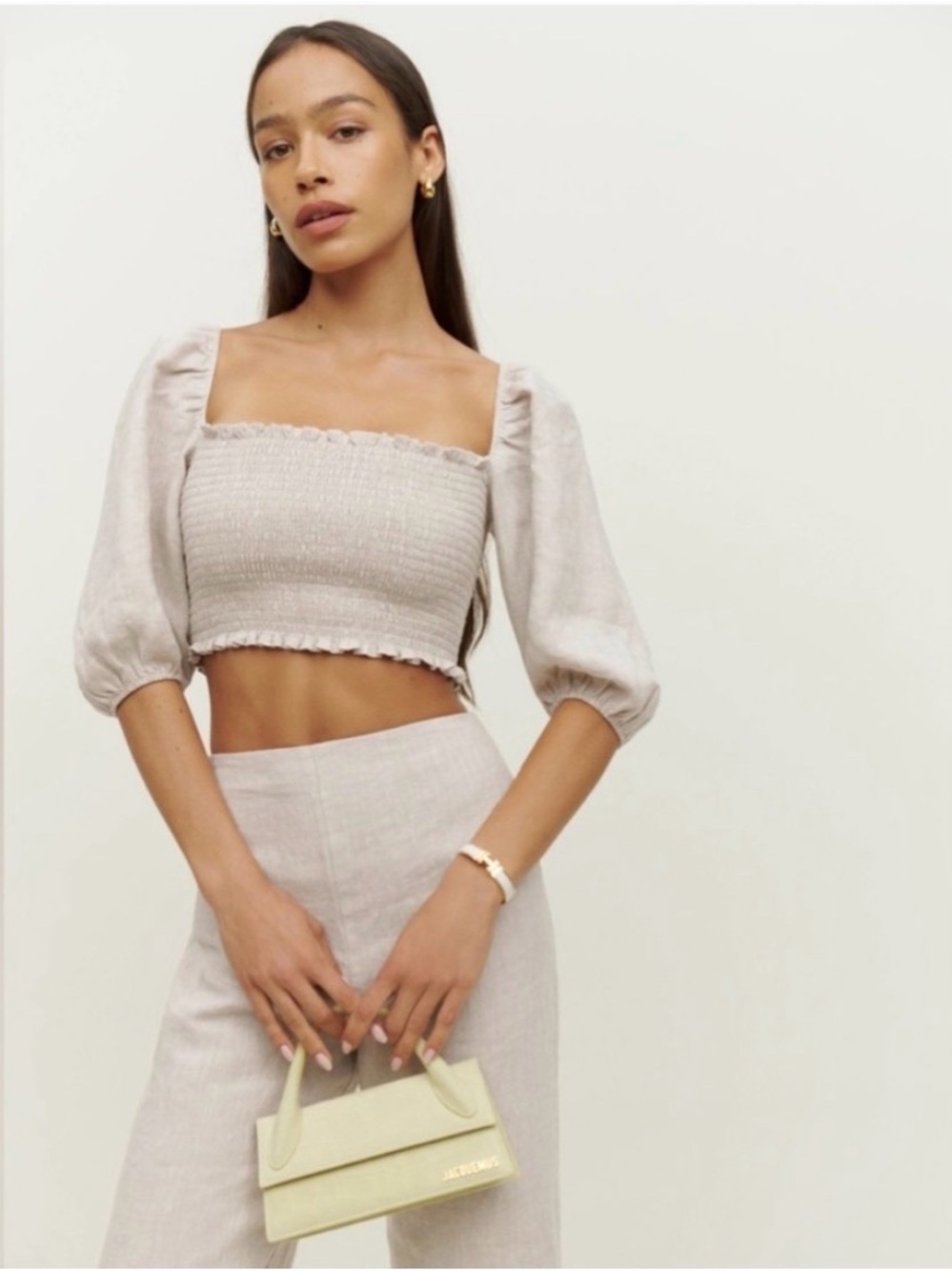 Reformation Scarlet Beige Smocked Square-Neck Crop Top with Puff Sleeves